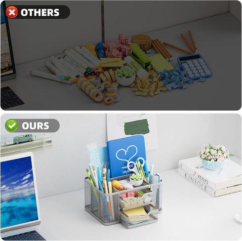Marbrasse Mesh Desk Organizer, Pen Organizer with 2 Drawers, Multi-Functional Pencil Holder for Office Art Supplies