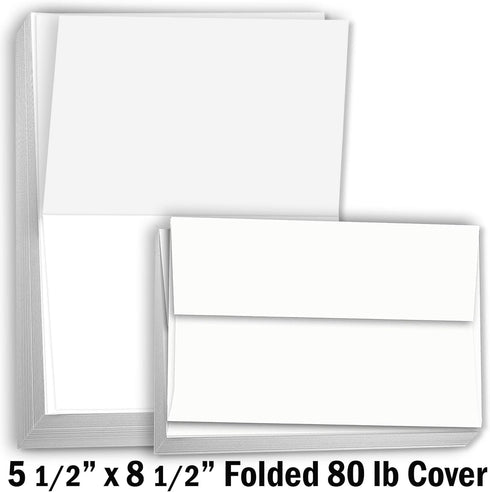 5.5" 8.5", 80 lb 100 Pack Hamilco White Cardstock Paper, Folded Cards with Envelopes x Cover, Blank Greeting