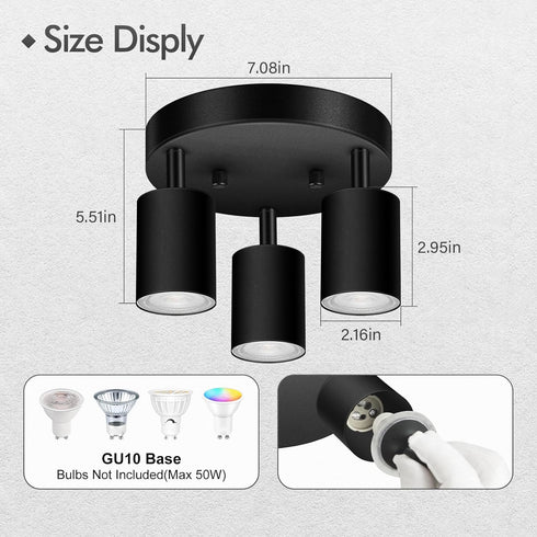 3 GU10 Bulb Light Track Lighting Fixtures Ceiling, Matte Black Round Directional Ceiling Spotlight, Flush Mount