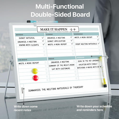 Dry Erase White Board with Stand, Double-Sided Weekly 12x16 inch, 10 Markers, 6 Magnets, Portable for Office