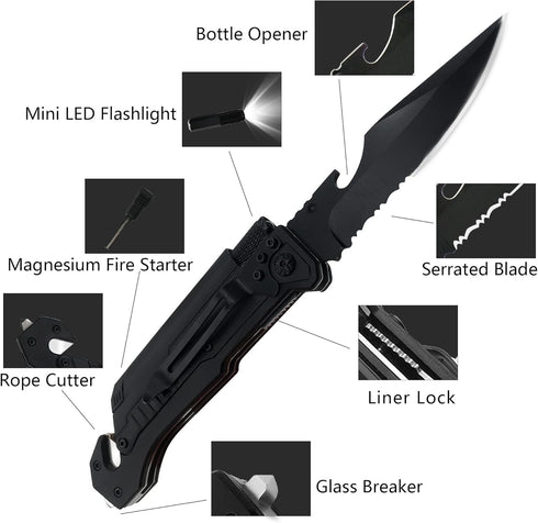 Engraved Pocket Knife for Men, 6 in 1 Multifunction Folding Knives with Fire Starter, LED Light, Gifts, Anniversary
