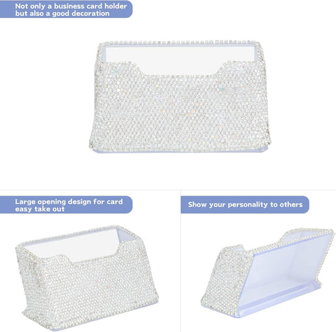 KEYPOWER Business Card Holder Stand for Office - Professional Display with White Crystal Accessories (White)