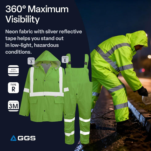 GGS Three-Piece Rain Suit - High Visibility, Waterproof Bibs and Jacket with Detachable Hood, Lightweight Rainwear