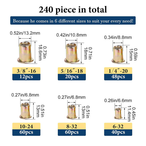 Vifmy Kit(240Pcs), #6-32#8-32#10-24 1/4"-20 5/16"-18 3/8"-16 Set, SAE Rivet Nut Assortment UNC Rivnut Threaded Insert