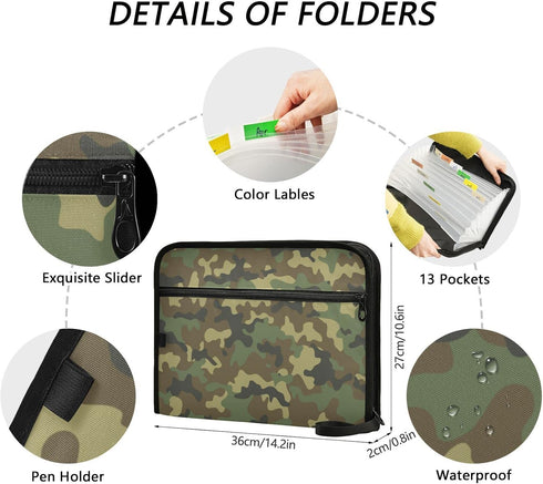 Camouflage Military Army Expanding File Folder, Camo Woodland, A4 Letter Size, Portable Paper Document Organizer