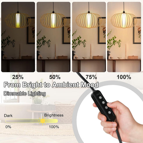 3-Way Dimmable Timmer Setting LALISU Plug-in Pendant Light Rattan Hanging Lamp, Boho Hanging Lights with Woven