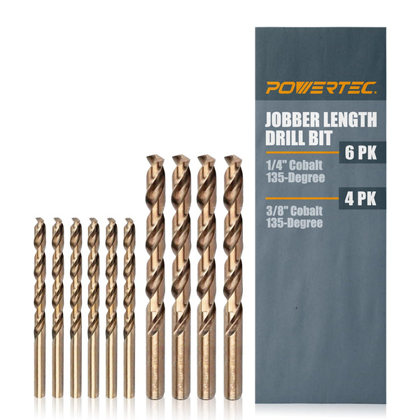 POWERTEC Cobalt Drill Bits 10 Pack, 1/4 Inch and 3/8 Inch, M35 HSS Jobber Length Twist Drill Bits for Wood, Metal.