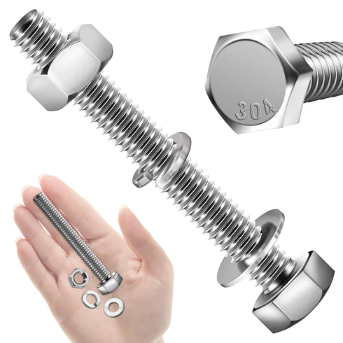 Hex Head Stainless Steel Bolts and Nuts (10 Sets) 5/16-18x2-1/2" with Flat & Lock Washers, 304 Stainless Steel