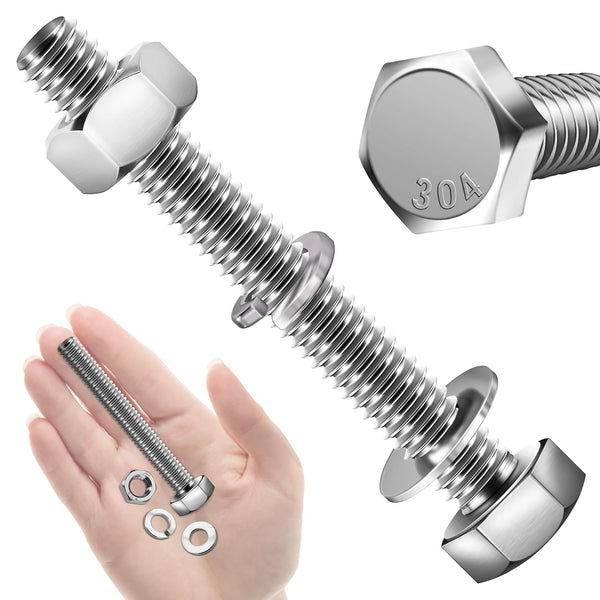 Hex Head Stainless Steel Bolts and Nuts (10 Sets) 5/16-18x2-1/2" with Flat & Lock Washers, 304 Stainless Steel