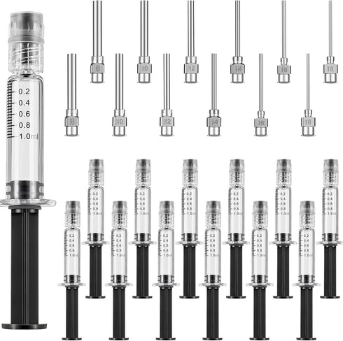 24 Pieces Borosilicate Glass Syringes Set, 12 Pieces 1 ml Borosilicate Glass Syringe Lock and 12 Pieces Stainless Steel