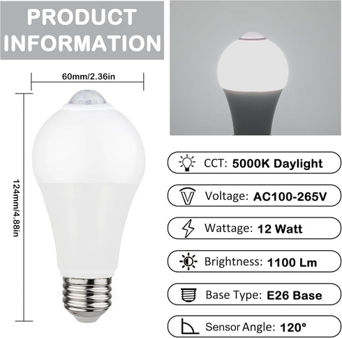 Bulbs 12W (100W 5000K Bulbs (2-Pack) Motion Sensor LED Equivalent) - Auto On/Off Dusk to Dawn Security Lighting
