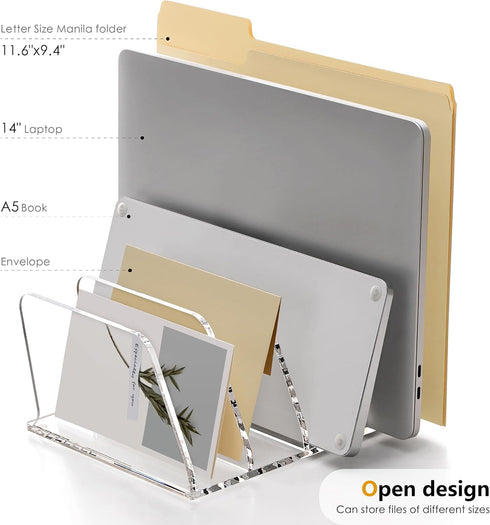 4-Section SANRUI Acrylic Desk File Sorter Organizer Holder, Clear Vertical Letter File Folder Rack, Notebook Magazine