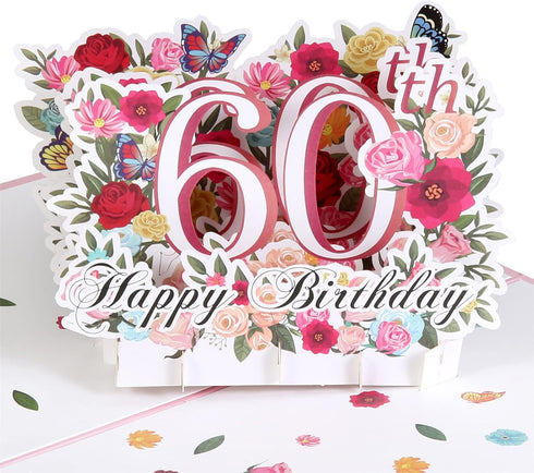 HOMANGA 60th Birthday Pop Up Card - Happy 60th Birthday Greeting Card for Her, Women, Wife, with Blank Note and Envelope