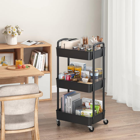 Sywhitta 3-Tier Black Plastic Rolling Utility Cart with Handle, Movable Storage Trolley for Office, Kitchen, Living Room
