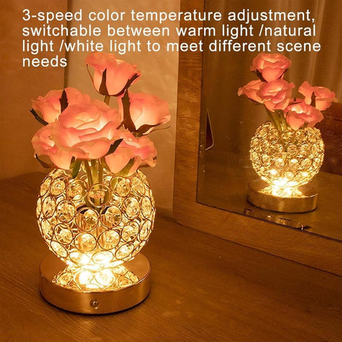 JIAYOYO Light,3-Color Dimming,Nightstand Rose Round Crystal Atmosphere Light, LED Flowerpot Desk Lamp, USB Charging