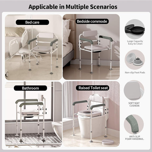 SeatYuPro Commode Adjustable Medical Bedside Chair with Padded Backrest, Drop Arm Support, Height Adjustable White