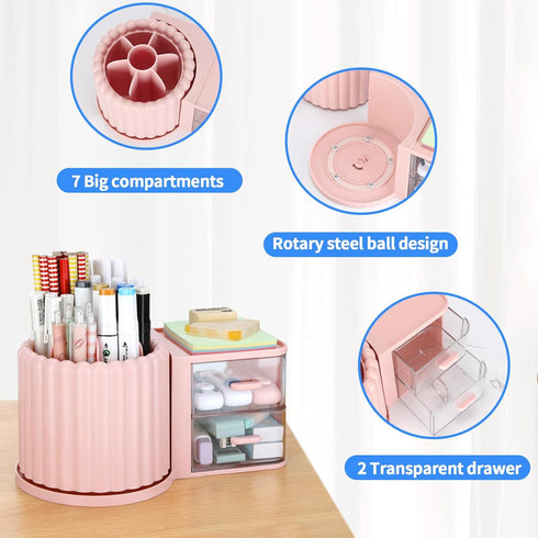 LETURE Rotating Office Desk Organizers with 2 Drawer, Pencil Pen Marker Holder for Desktop Storage Organizers and