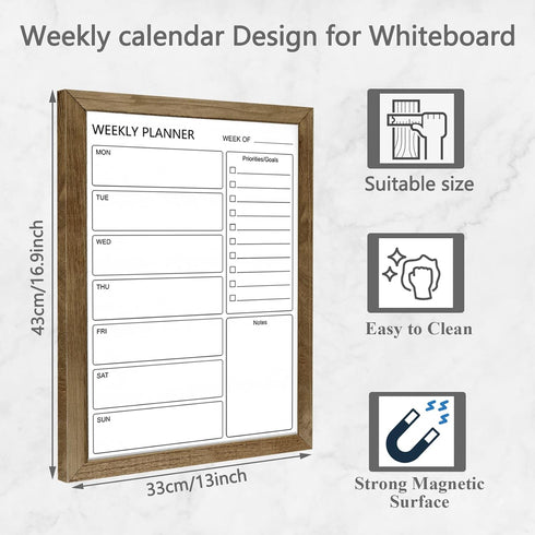 Magnetic Dry Erase White Board Weekly Calendar Board, 13“x17" Solid Wood Rustic Brown Framed Planner for Office, Home,