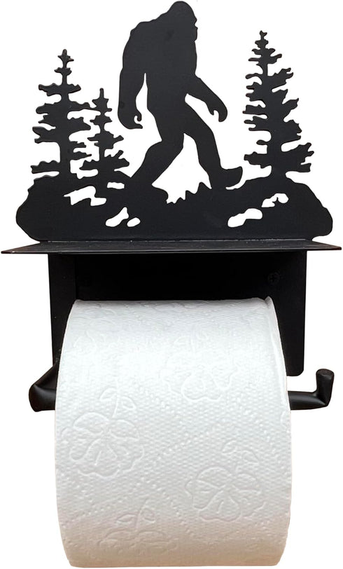 Bigfoot Sasquatch Metal Toilet Paper Holder with Phone Shelf - Wall Moutned Dispenser - Rustic Cabin, Lodge, Mountain