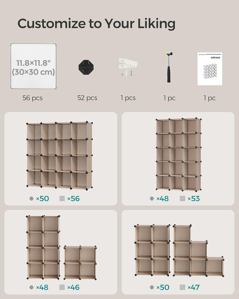 SONGMICS Cube Storage Organizer, Set of 16 Plastic Cubes, 12.2 x 48.4 x 48.4 Inches, Camel Brown for Room Organization