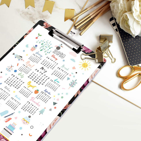 WAVEYU Cute Decorative Clipboard for Office School, Hardboard with Low Profile Clip, Floral Pattern (12.5"x9")