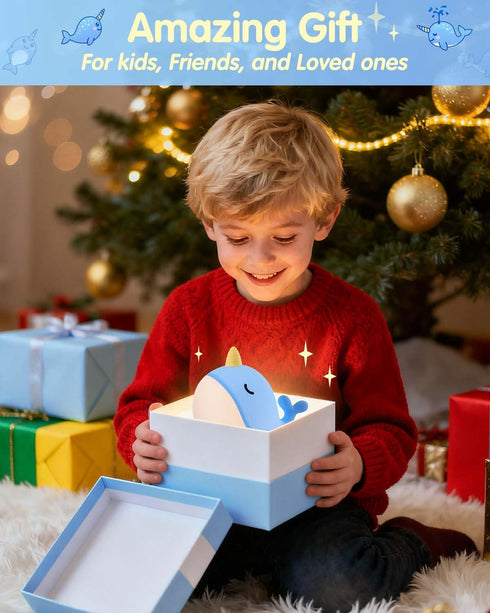30-Min Fuloon Narwhal Night Light with Whale Shape, Squishy Silicone Kids Lamp, Safe & Soothing Touch Control for Kids