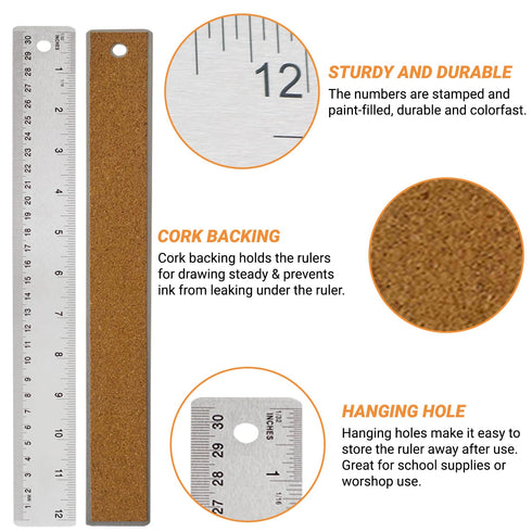 Stainless Steel Metal Ruler with Non-Slip Cork Back, Home Improvement Planner Accessories, 30.5cm