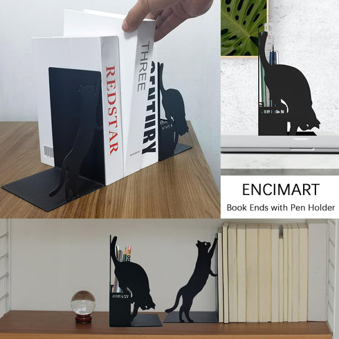 Cat Book Ends for Shelves, Metal Decorative Book Ends with Pen Holder, Fun Unique Bookends, Cool Black Cat Bookends