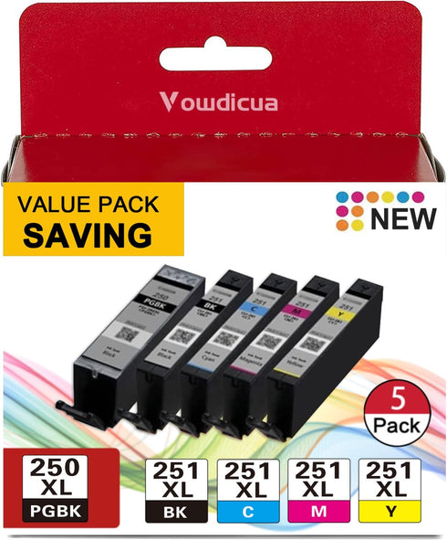 PGI-250XL/CLI-251XL High Yield Ink Cartridge, 5 Color Value Pack Compatible Replacement for Canon 250 and 251 Ink