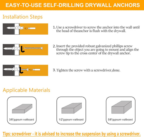 KURUI #8 Self Drilling Drywall Anchors, 140PCs Wall Anchors and Screws for Shelf Brackets, 75 Lbs Capacity