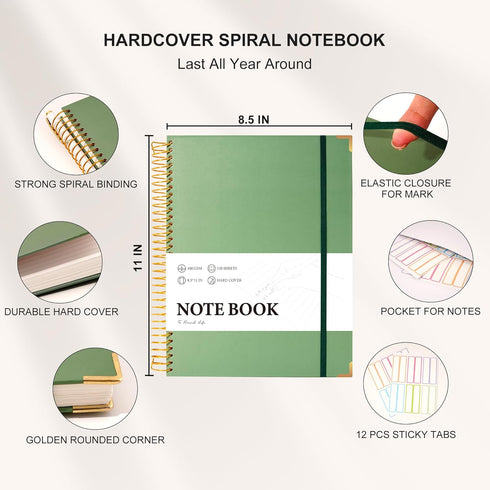 FLYING EAGLE Spiral Notebook, College Ruled 8.5 x 11, 220 Pages, A4 Large Hardcover Journal for Work School, Green with