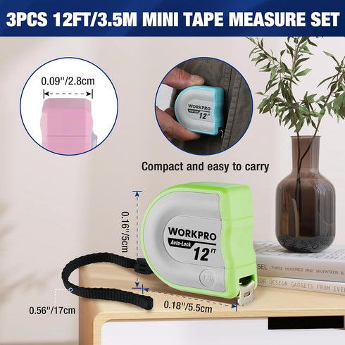 WORKPRO Mini Tape Measure, 3 Pcs 12FT Auto-Lock Easy Reading Tape Measurement, Pocket Size for Engineer, Lightweight