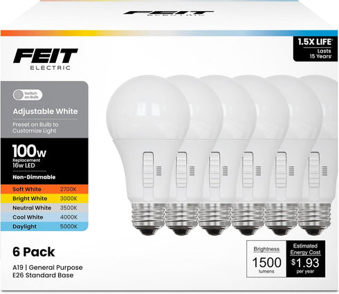Feit Electric A19 LED Light Bulb, 100W Equiv, Non-Dimmable, Selectable Color Temperatures