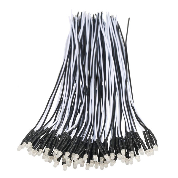 50pcs 12 Volt 3mm White LED Lights - Emitting Diodes Pre Wired 7.9 Inch DC 12v LED Light Diffused Colored Lens