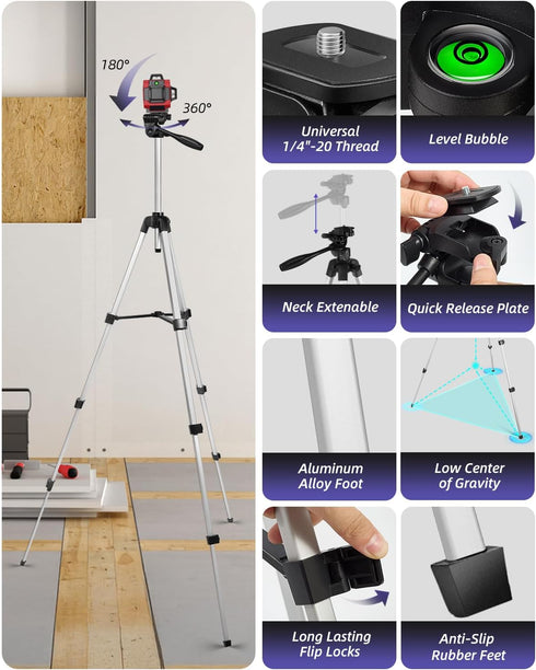 Xincere 55 inch 1/4"-20 3D Aluminum Laser Level Tripod with Green Bubble Level, Lightweight Quick Release Plate, Screw