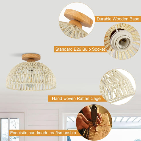 Boho Ceiling Light Fixture Rattan Flush Mount Ceiling Light Bedroom Chandelier Hand-Woven Lamp Shade Wooden Base Small