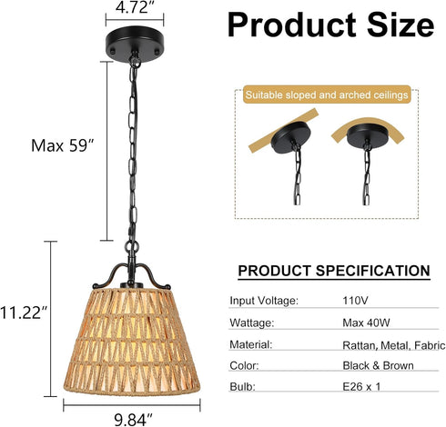 E26 Rattan Pendant Light with Woven Basket Shade, Boho Farmhouse Pendant Light Fixture, Hanging Light with Adjustable