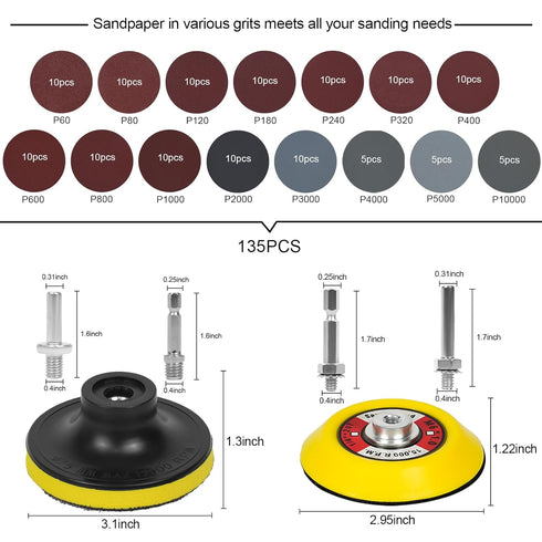 TWUROTI 142pcs 3 Inch 60-10000 5 1/8"&1/4" Sanding Discs Pad Kit, Grit Dry Wet Sandpaper with Soft Sanding Sponges
