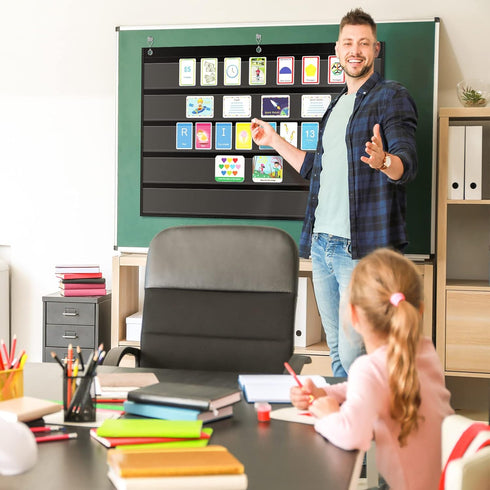 Bulletin Border Storage Pocket Chart for Classroom, Organizer with Storage Pockets for Bulletin Board (Black)