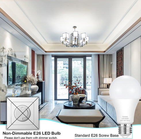 100W Equivalent Light Bulb, 12W E26 LED Bulbs, Non-Dimmable, Daylight White 6500K, 4-Pack
