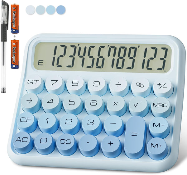 Mechanical Calculator, 12 Digit Extra Large 5-Inch LCD Display, DECKLIT Battery Desk Calculator, Ice Blue