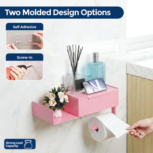 Zzaki Pink Toilet Paper Holder with Shelf & Storage Wall Mount Adhesive or Screw Installation Wipes Dispenser and Phone