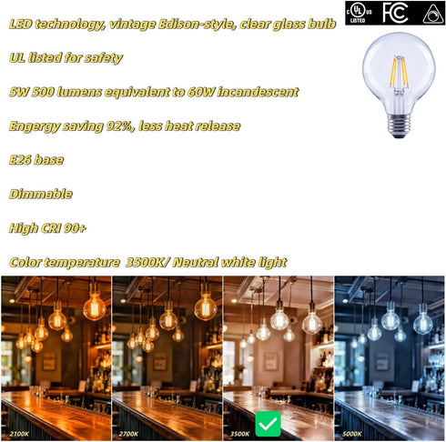 G25 Bulbs, 60W 500 CRI90+ E26 Dimmable 3500K, Bulbs 6 Pack LED Globe Light Equivalent Lumens, Base Neutral White Edison