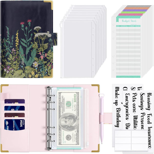 Rnivvi Budget Binder with Floral Zipper Envelopes, A6 Cash Envelopes for Budgeting, PU Leather Money Organizer for Women