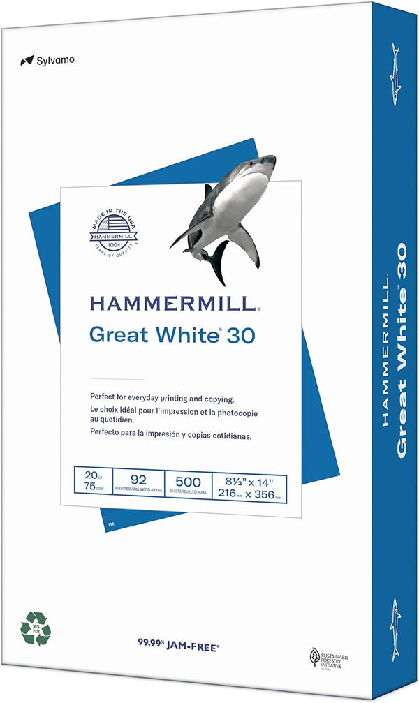 Hammermill Printer Paper, Great White 30% Recycled Paper, 8.5 x 14 - 1 Ream (500 Sheets) - 92 Bright, USA Made