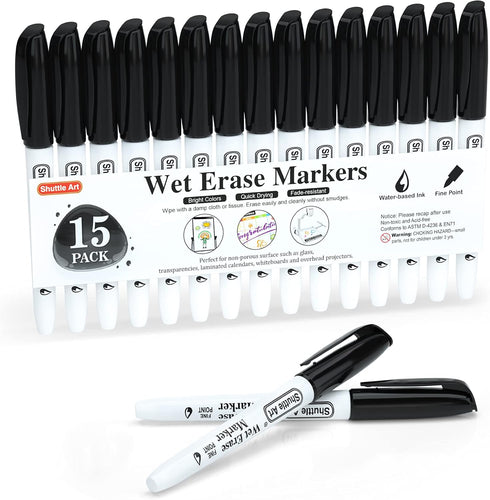 Shuttle Art Wet Erase Markers, 15 Pack Black 1mm Fine Tip, Smudge-Free for Laminated Calendars and Whiteboards