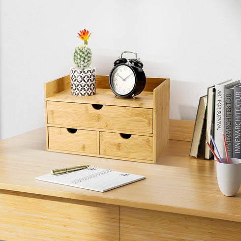 Bamboo Desk Organizer with 3 Drawers, Large Capacity Makeup Storage Box for Home Office and Bathroom