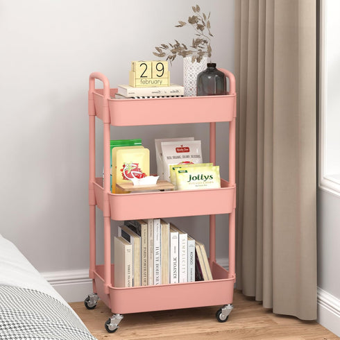 Sywhitta 3-Tier Plastic Rolling Utility Cart, Multi-Functional Storage Trolley with Handle, Pink