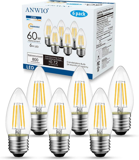 ANWIO Clear B11 Candle Light Bulb Indoor LED Filament Chandelier Candelabra Bulb