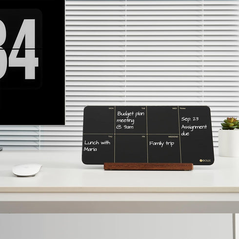 Desktop Black Glass Weekly Planner Dry Erase Whiteboard, 12x6" with Detachable Wood Stand, Small Portable Week Calendar